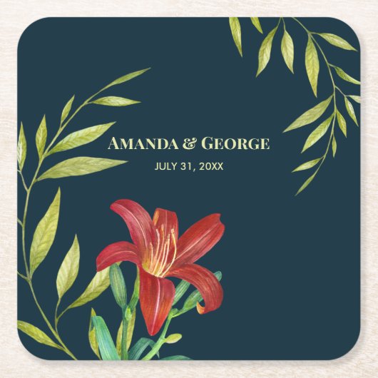 Waterverf Oranje Lily Illustration Dark Turquoise Kartonnen Onderzetters (Voorkant)