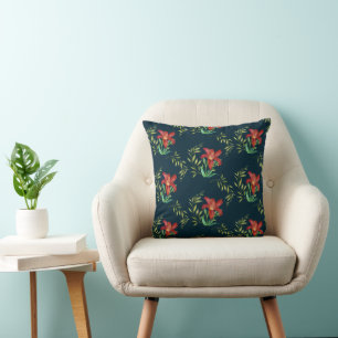 Waterverf Oranje Lily Illustration Dark Turquoise Kussen
