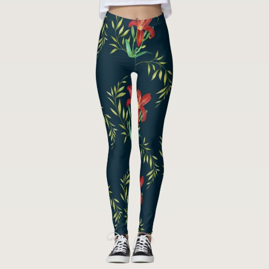 Waterverf Oranje Lily Illustration Dark Turquoise Leggings (Voorkant)