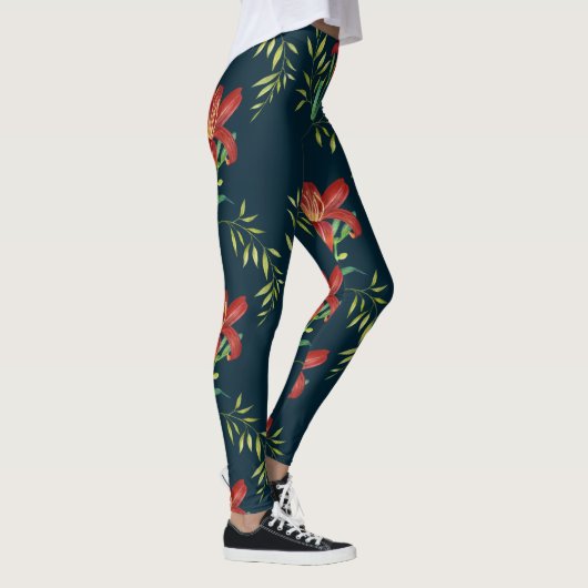 Waterverf Oranje Lily Illustration Dark Turquoise Leggings (Rechts)