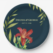 Waterverf Oranje Lily Illustration Dark Turquoise Papieren Bordje (Voorkant)