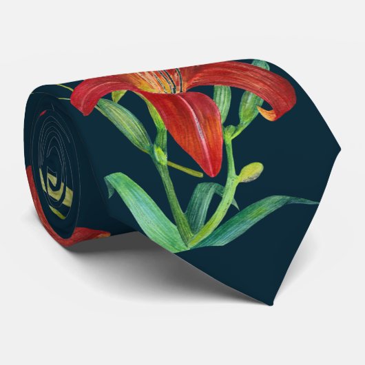 Waterverf Oranje Lily Illustration Dark Turquoise Stropdas (Opgerold)