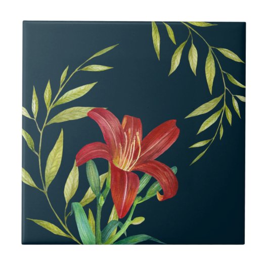 Waterverf Oranje Lily Illustration Dark Turquoise Tegeltje (Voorkant)