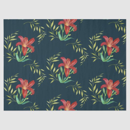 Waterverf Oranje Lily Illustration Dark Turquoise Tissuepapier (Voorkant)