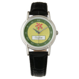 Waterverf Oranje Lily Polka Dots Roman Numbers Horloge