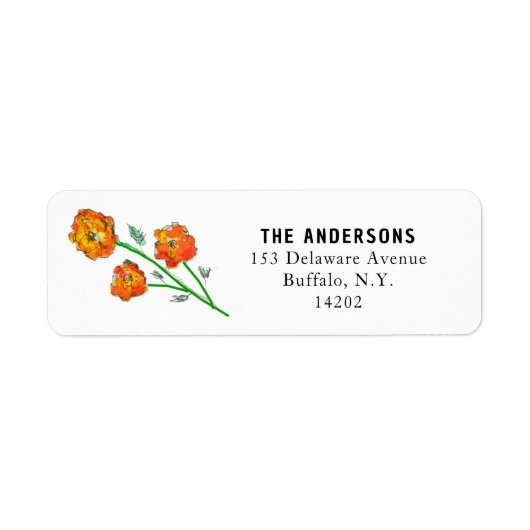 Waterverf Oranje Mariggets Floral Return Address Etiket (Voorkant)