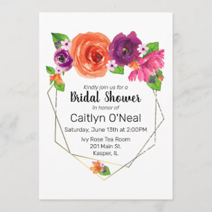 Waterverf Oranje Paars Roze Floral Gold Lijst Kaart