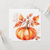 Waterverf Oranje Pompoen en Herfstbladeren  Kaart (Voorkant / Achterkant in situ)