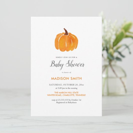 Waterverf Oranje pompoen herfst | BABY SHOWER Kaart (Staand voorkant)