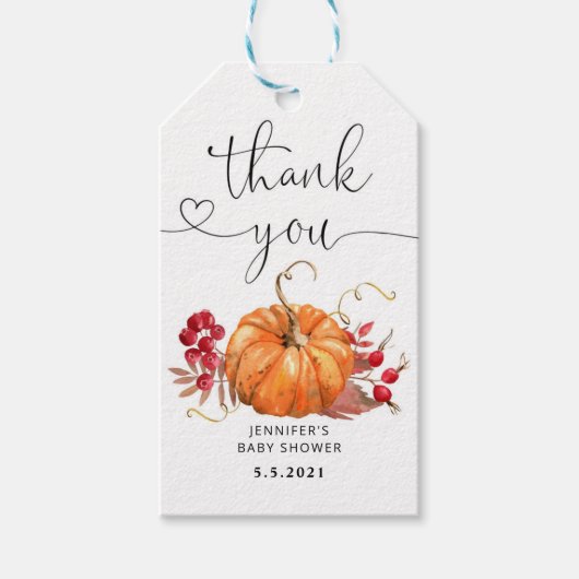 Waterverf oranje pompoen herfst dank u label cadeaulabel (Voorkant)