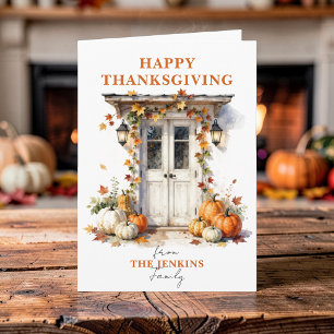 Waterverf Oranje Pompoenen Voordeur Thanksgiving Kaart