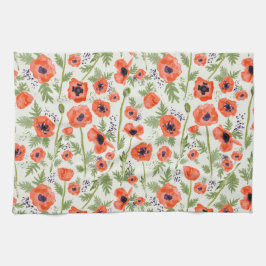 Waterverf Oranje Red Poppy Flowers Theedoek