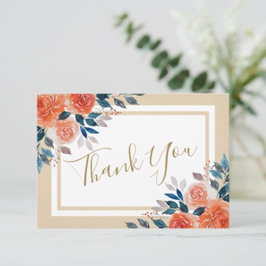 Waterverf Oranje Rozen bruiloft dank u kaart (Staand voorkant)