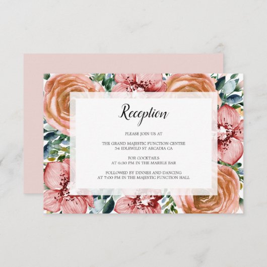 Waterverf Oranje Rozen Orchideeën Trouwreceptie Informatiekaartje (Voorkant / Achterkant)