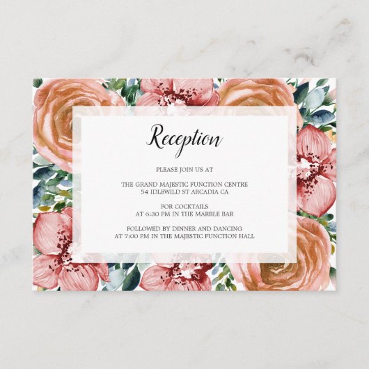 Waterverf Oranje Rozen Orchideeën Trouwreceptie Informatiekaartje (Voorkant)