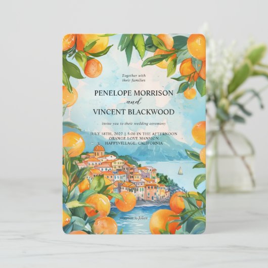 Waterverf Oranje stad bruiloft Kaart (Staand voorkant)