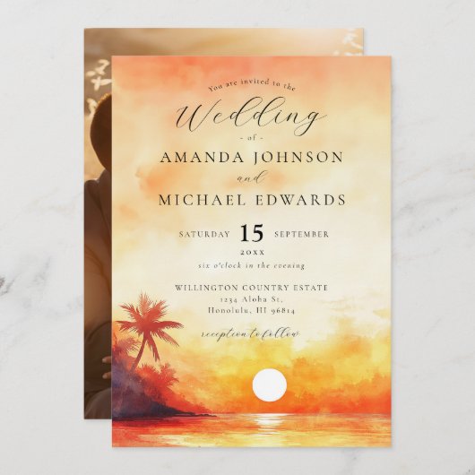 Waterverf Oranje Strand Zonsondergang Foto bruilof Kaart (Voorkant / Achterkant)