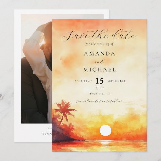 Waterverf Oranje Strand Zonsondergang Foto bruilof Save The Date (Voorkant / Achterkant)