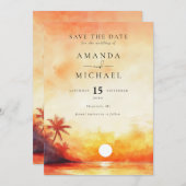 Waterverf Oranje Sunset Palm Beach bruiloft Save The Date (Voorkant / Achterkant)