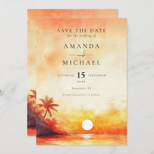Waterverf Oranje Sunset Palm Beach bruiloft Save The Date (Voorkant / Achterkant)
