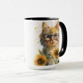 WATERVERF ORANJE TABBY CAT MET ZONLOWERS MOK (Voorkant rechts)