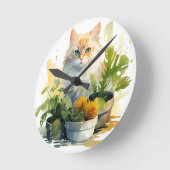 WATERVERF ORANJE TABBY KAT MET BLOEMEN RONDE KLOK (Hoek)