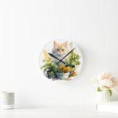 WATERVERF ORANJE TABBY KAT MET BLOEMEN RONDE KLOK (Huis)