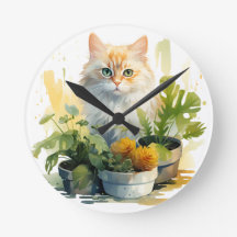 WATERVERF ORANJE TABBY KAT MET BLOEMEN