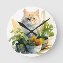 WATERVERF ORANJE TABBY KAT MET BLOEMEN RONDE KLOK