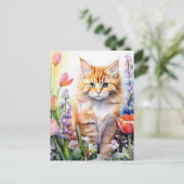 Waterverf Oranje Tabby Kitty Cat in Flower Garden Briefkaart (Staand voorkant)