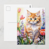 Waterverf Oranje Tabby Kitty Cat in Flower Garden Briefkaart (Voorkant / Achterkant)