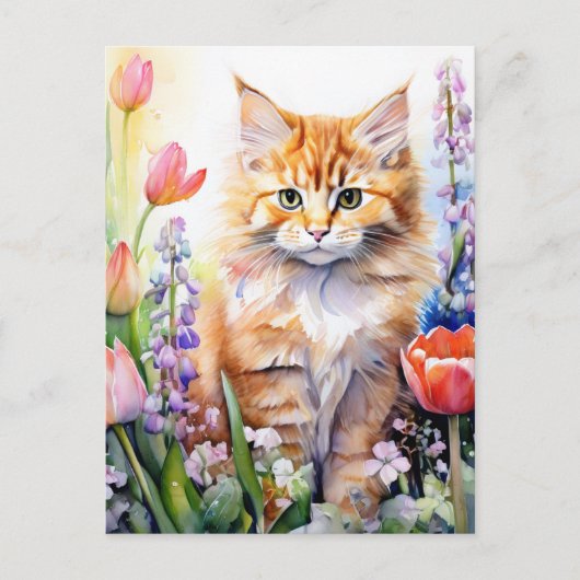 Waterverf Oranje Tabby Kitty Cat in Flower Garden Briefkaart (Voorkant)