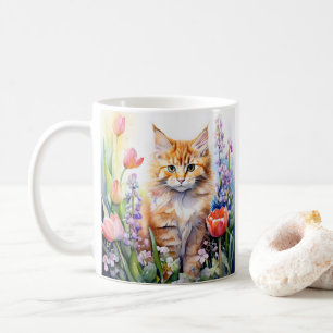 Waterverf Oranje Tabby Kitty Cat in Flower Garden Koffiemok