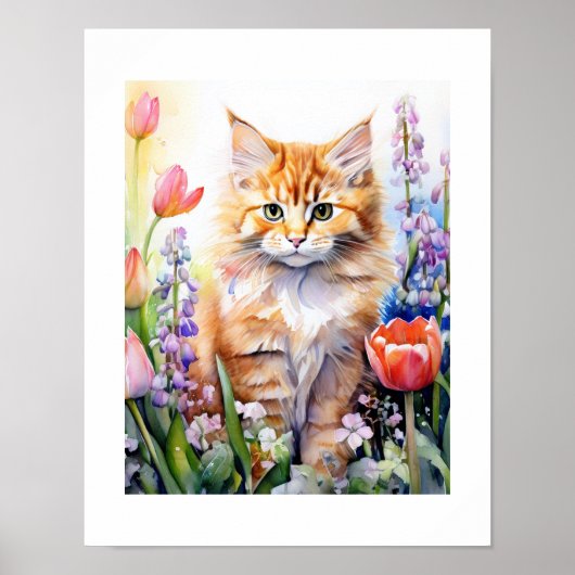 Waterverf Oranje Tabby Kitty Cat in Flower Garden Poster (Voorkant)
