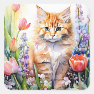 Waterverf Oranje Tabby Kitty Cat in Flower Garden Vierkante Sticker
