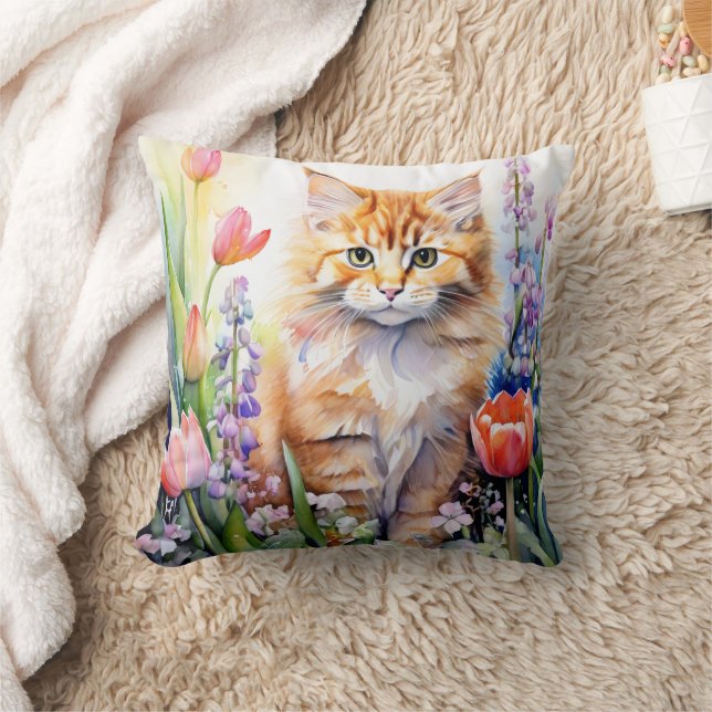Waterverf Oranje Tabby Poes in Bloementuin Kussen (Deken)