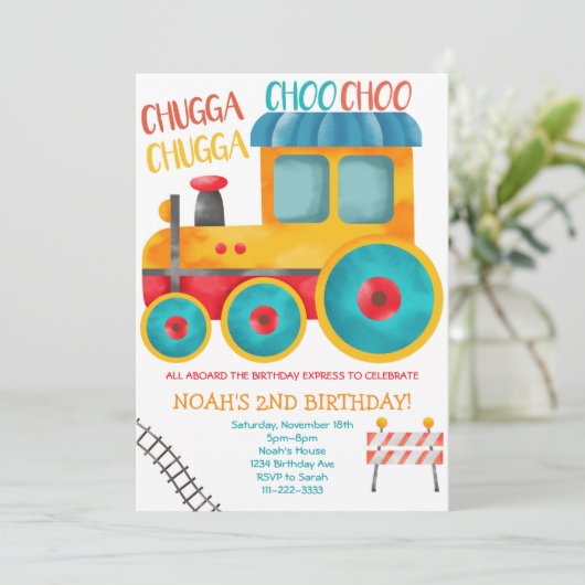 Waterverf Oranje trein verjaardagsuitnodiging Kaart (Staand voorkant)