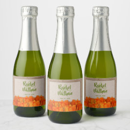 Waterverf Oranje Tulpen op Kraft Wedding Mini Sparkling Wijnetiket