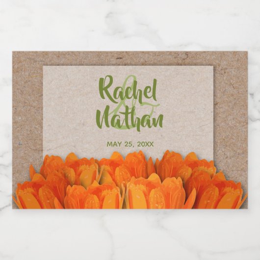 Waterverf Oranje Tulpen op Kraft Wedding Mini Sparkling Wijnetiket (Enkel label)