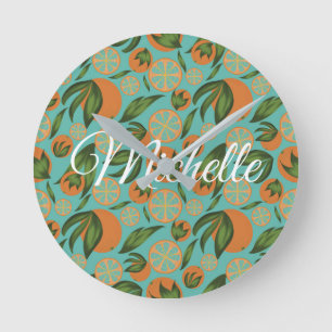 Waterverf Oranje Turquoise Botanisch Gepersonalise Ronde Klok