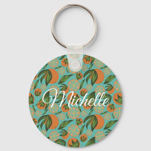 Waterverf Oranje Turquoise Botanisch Gepersonalise Sleutelhanger (Voorkant)