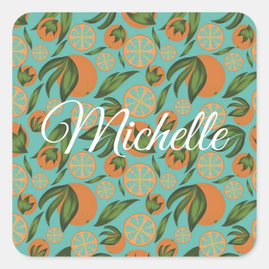 Waterverf Oranje Turquoise Botanisch Gepersonalise Vierkante Sticker (Voorkant)