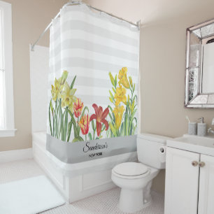 Waterverf Oranje Yellow Flower Stripes Shower Cur Douchegordijn