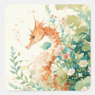 Waterverf Oranje Zeepaardje met Botanisch Rif Vierkante Sticker
