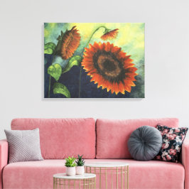 Waterverf Oranje zonnebloemen Schilderen op Canvas Afdruk