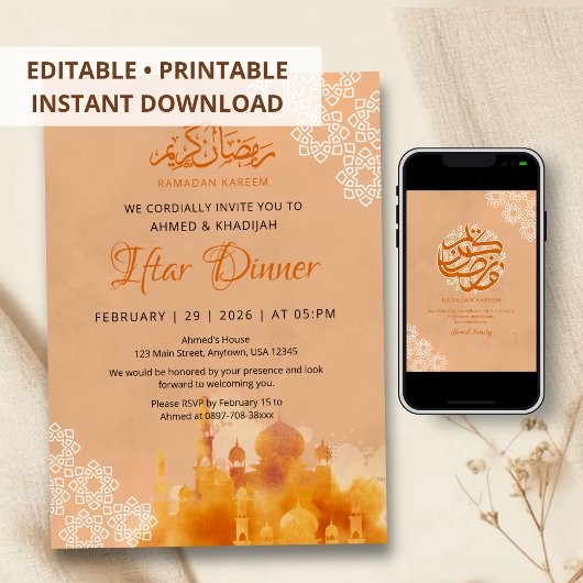 Waterverf Oranje Zonsondergang Moskee Iftar Diner Kaart