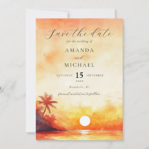 Waterverf Oranje Zonsondergang Palm Beach Bruiloft Save The Date