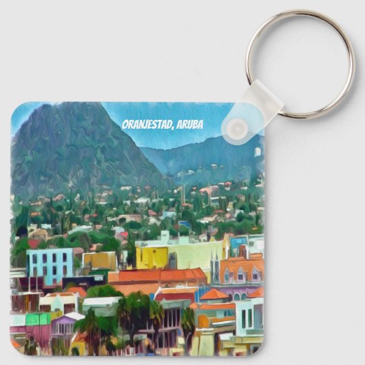 Waterverf Oranjestad, Aruba Sleutelhanger (Achterkant)