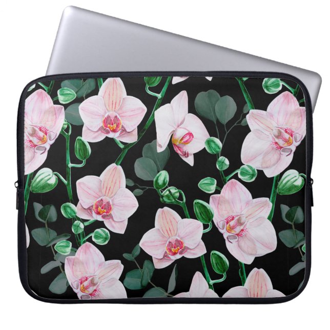 Waterverf orchidebloemen en eucalyptusbladeren pa laptop sleeve (Voorkant)
