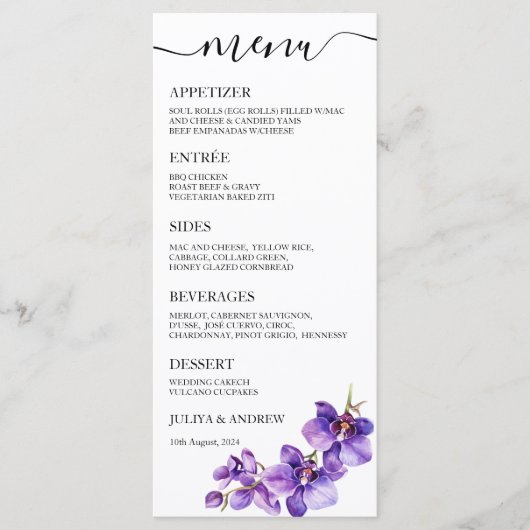 Waterverf Orchidee bloem Wedding Menu kaart (Voorkant)